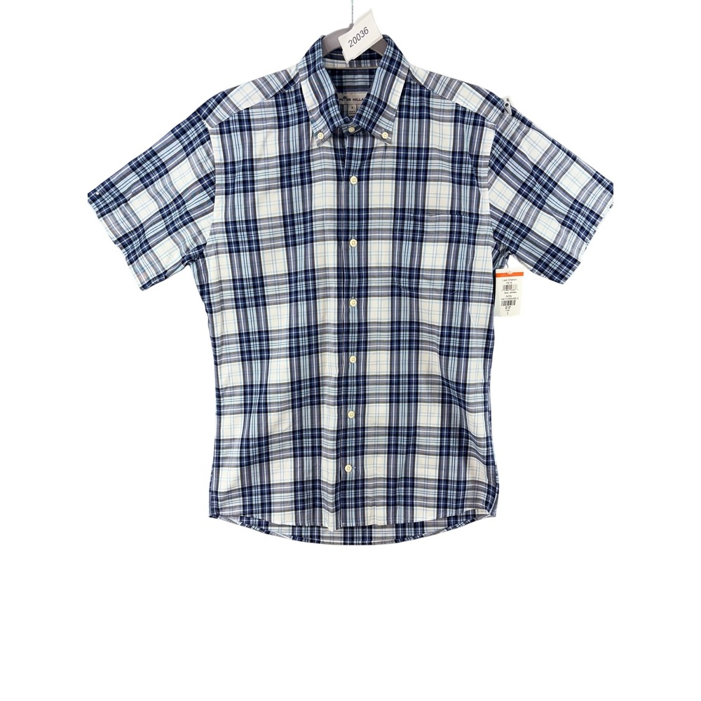 Peter Millar Button Down Shirt Mens Sz S Blue White Plaid Short Sleeve Cotton